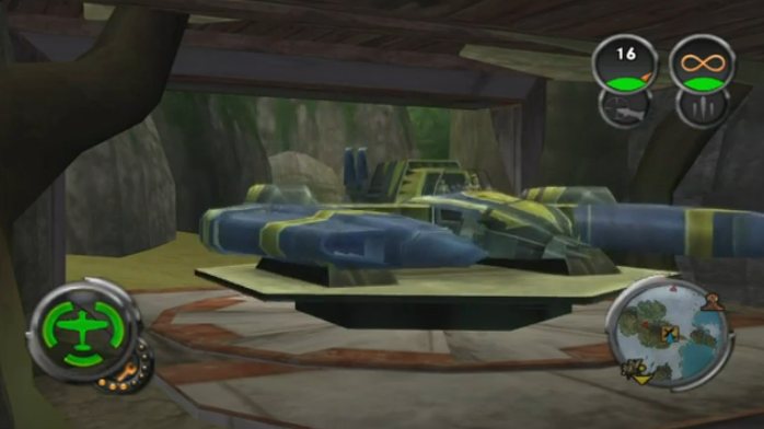 A picture of a plane like vehicle in an aircraft carrier. Game is Jak and Daxter: The Lost Frontier